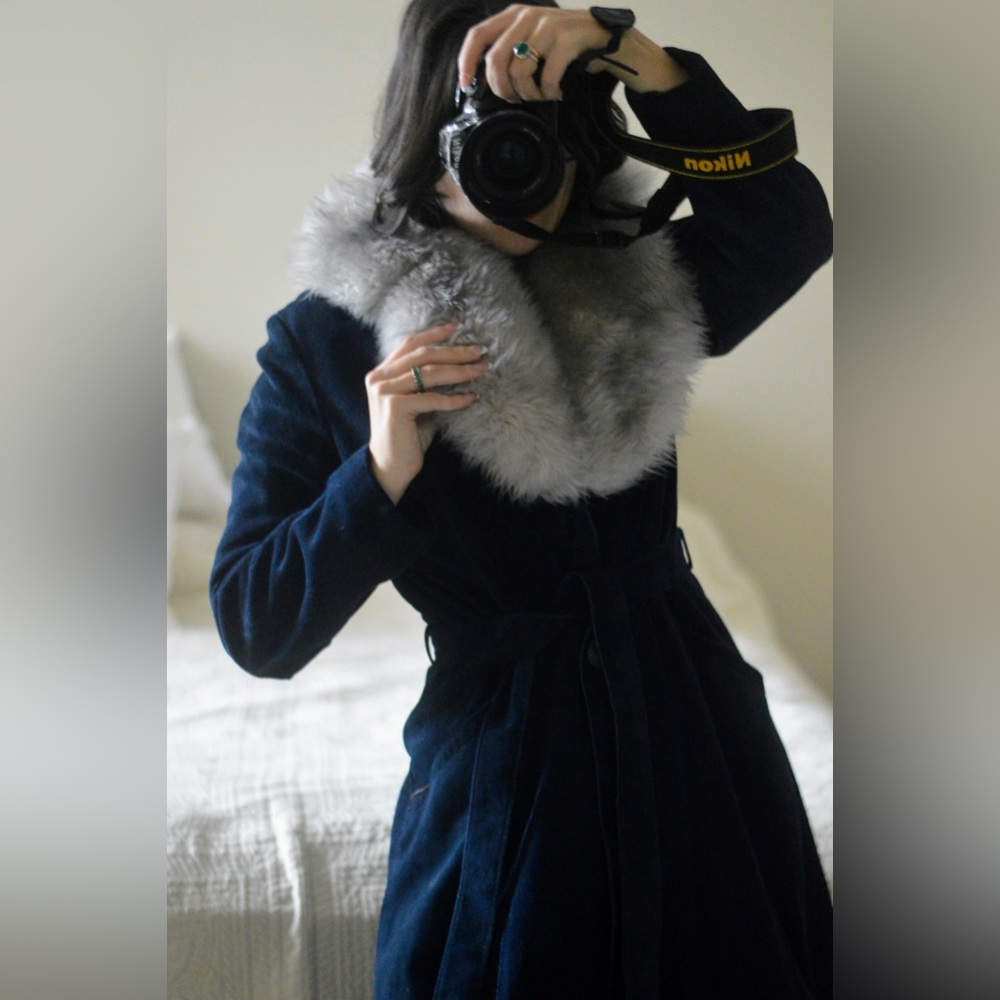 SOLD! Vintage blue suede leather coat with frosted shearling sheepskin fur trim